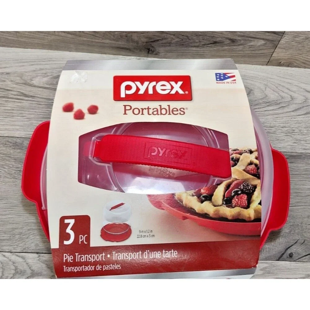 Pyrex Portables 3 Pc Pie Transport 9 Inch Glass Dish Locking Carrier Cover USA